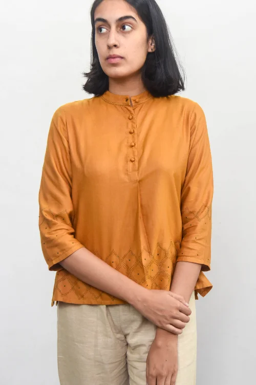 Sadhna 'Aavaili' Mustard Tanka Work Cotton Silk  Top. white tank top