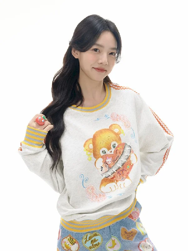 Bear Illustration Sports Sweatshirt【s0000010518】 Hoodie with Side Slits Relaxed Casual