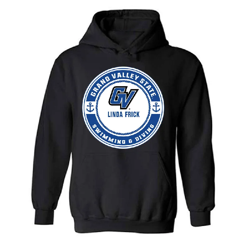 Grand Valley - NCAA Women's Swimming & Diving : Linda Frick - Hooded Sweatshirt Fashion Shersey Hoodie with Mock Neck Collared Structured