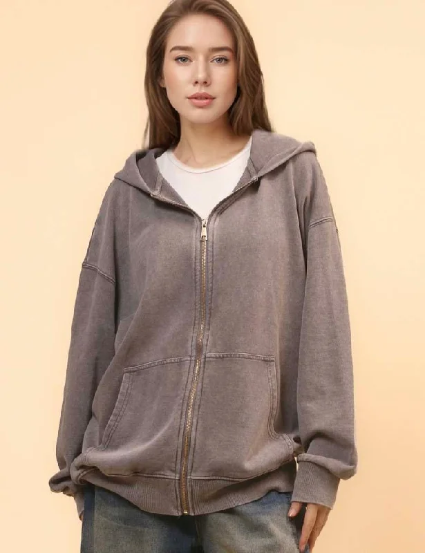 Ladies Slouchy Washed Zip Hooded Sweatshirt SKT4700 Hoodie with Hem Elastic Stretchable Comfortable