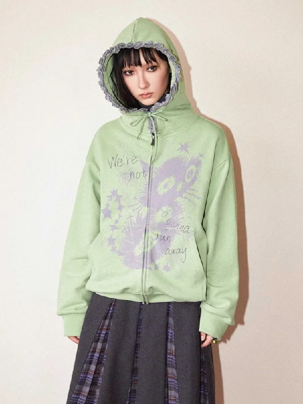 Kitten print hooded sweatshirt【s0000010716】 Hoodie with Exposed Zipper Edgy Industrial