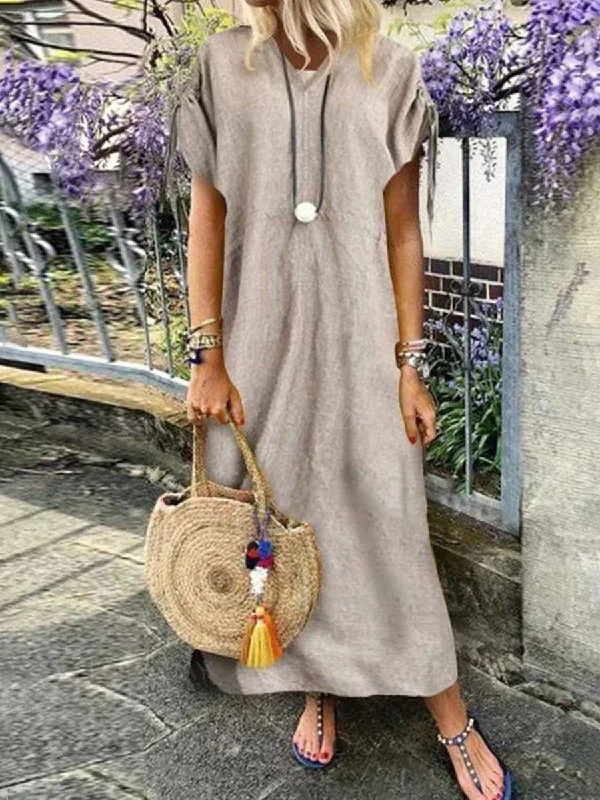 Cotton and Linen Short-sleeved Casual Dress Elegant Long Evening