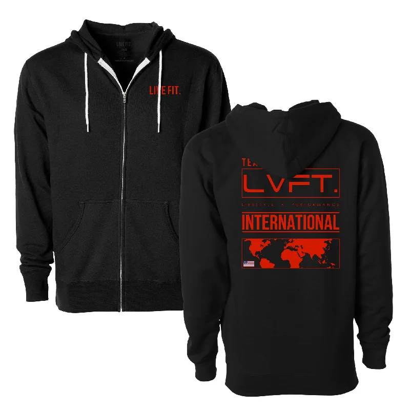 International Zip Up Hoodie - Black / Red Hoodie with Half-Zip Sporty Casual