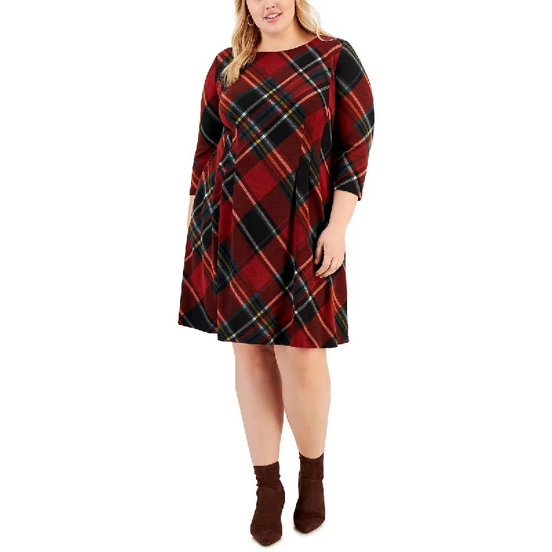 Plus Womens Knit Plaid Shift Dress Tunic Top Casual