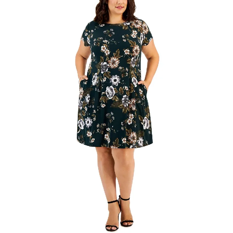 Plus Womens Floral Wide Neck Fit & Flare Dress Tunics Spring floral