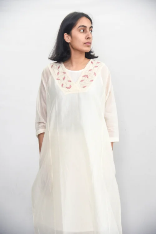 Sadhna 'Aachho'White Applique And Tank Work Chanderi Silk  Kurta . turquoise tank top