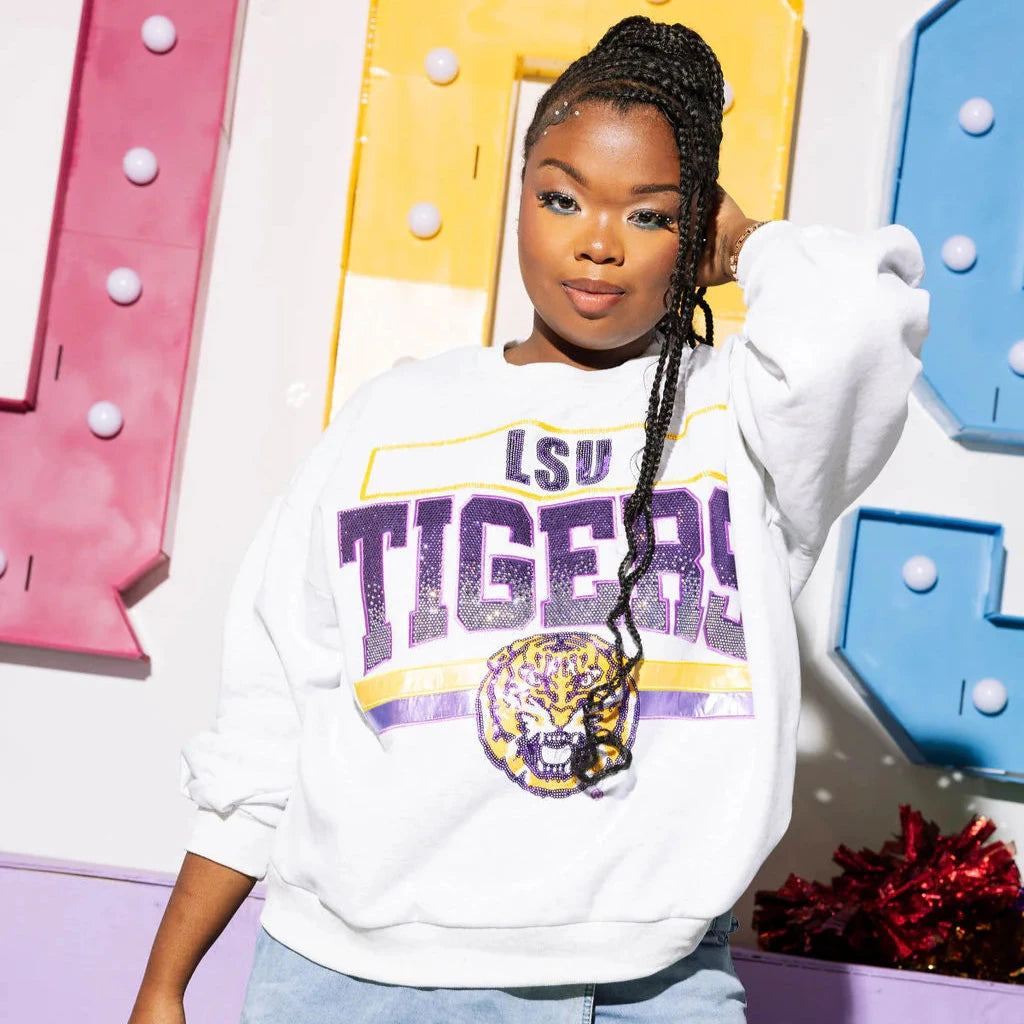 Grey 'LSU Tigers' Vintage Sweatshirt- Women's Hoodie with Fur Luxurious Winter