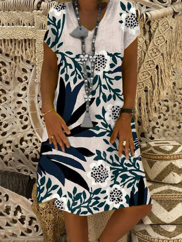 Printed Short-sleeved Cotton-linen V-neck Dress Tunics Top rated