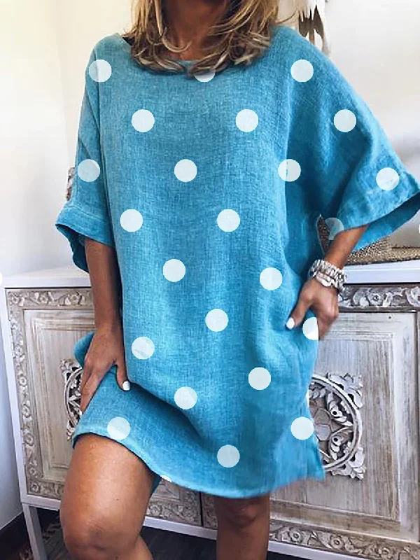  Polka Dot Short Sleeve Round Neck Casual Dress Tunics Velvet soft