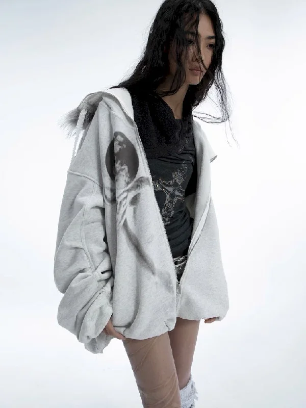 Print Oversize Shaker Sweatshirt Jacket【s0000010540】 Hoodie with Elastic Waist Stretchable Comfortable