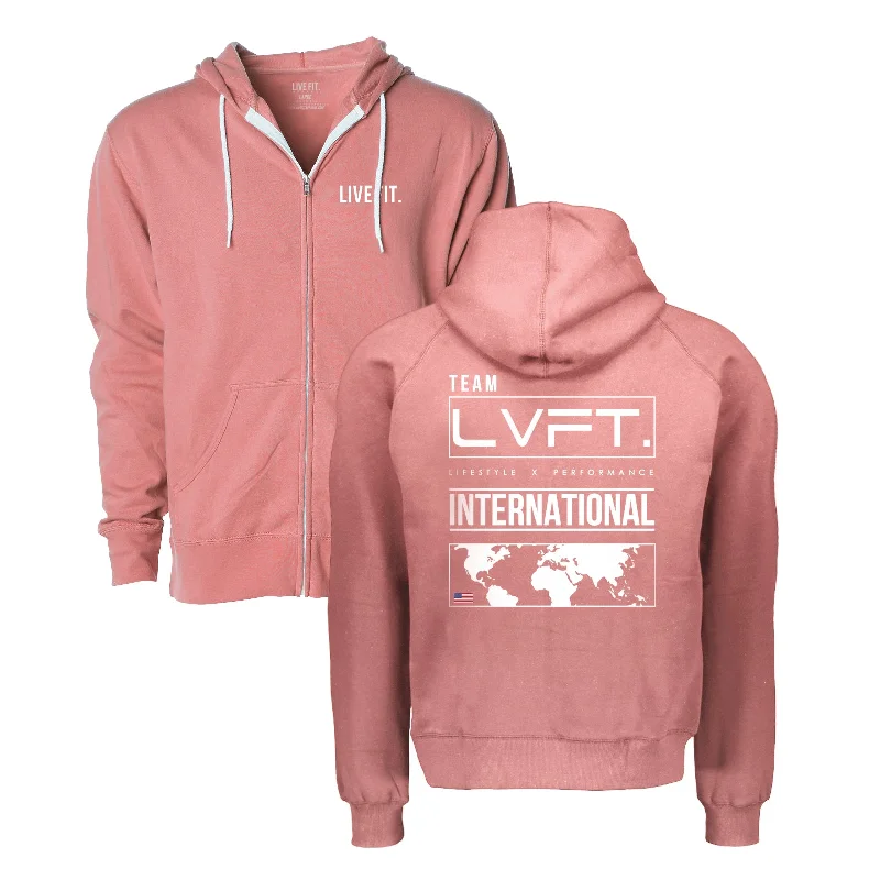 International Zip-Up Hoodie- Dusty Rose Hoodie with Double Zipper Versatile Adjustable