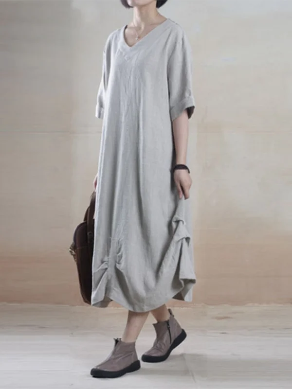 V-Neck Short Sleeve Loose Dress Tunics Fleece cozy