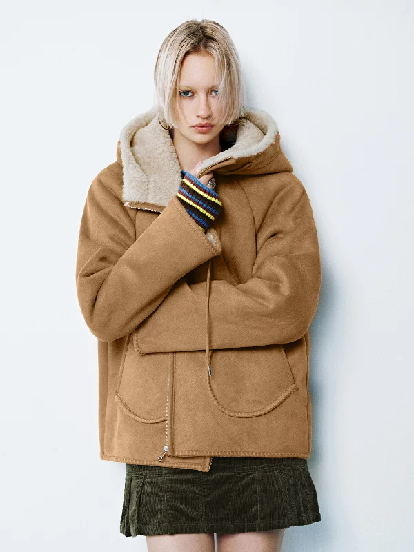 Hoodie Fur Shearling Jackets Hoodie with Slit Hem Functional Movement