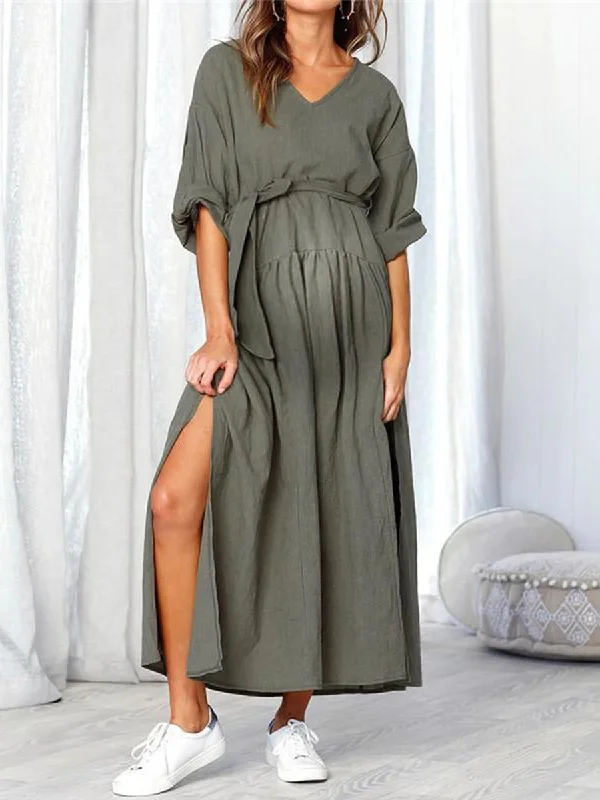 Maternity V-Neck Belt Tie Long Sleeve Side Split Splicing Long Dress Halter Neckline Beach