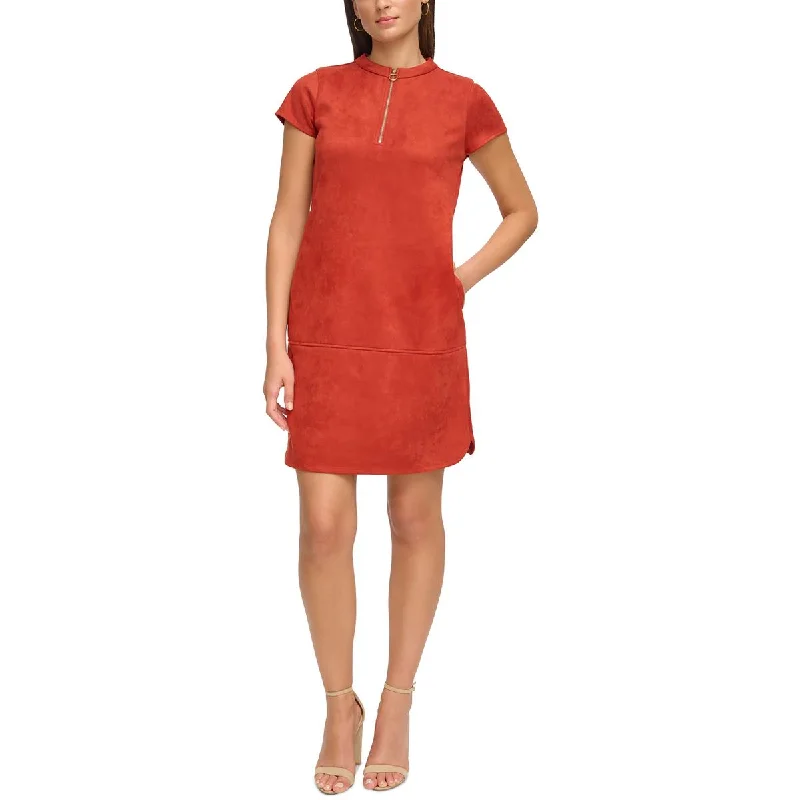 Womens Faux Suede Midi Shift Dress Tunics Yoga stretchy