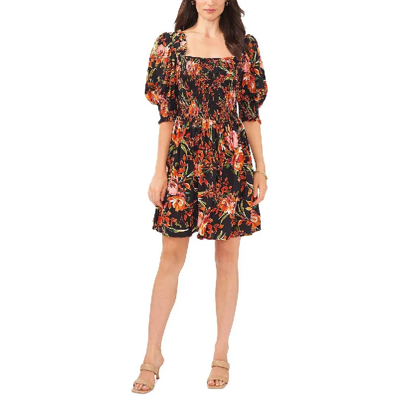 Womens Floral Mini Fit & Flare Dress Boat Neckline Classic