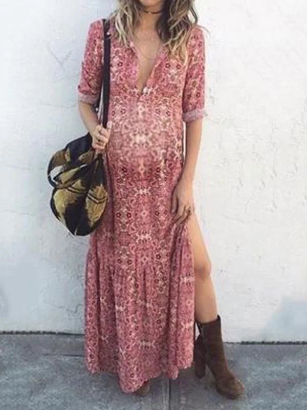 Maternity Bohemian Printing Deep V Forked Dress Boat Neckline Classic