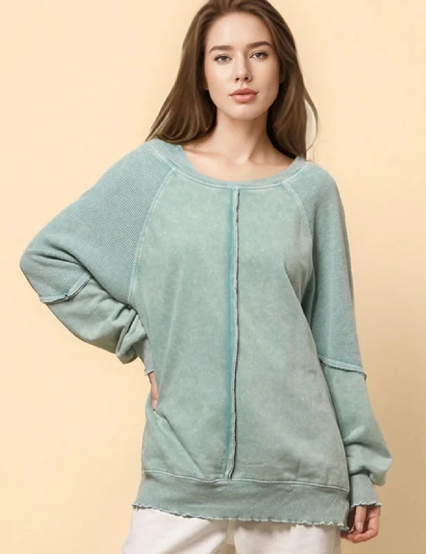 Ladies Slouchy Washed Color Relaxed Pullover Sweatshirt SKT4737 Hoodie with Snap Buttons Easy Quick