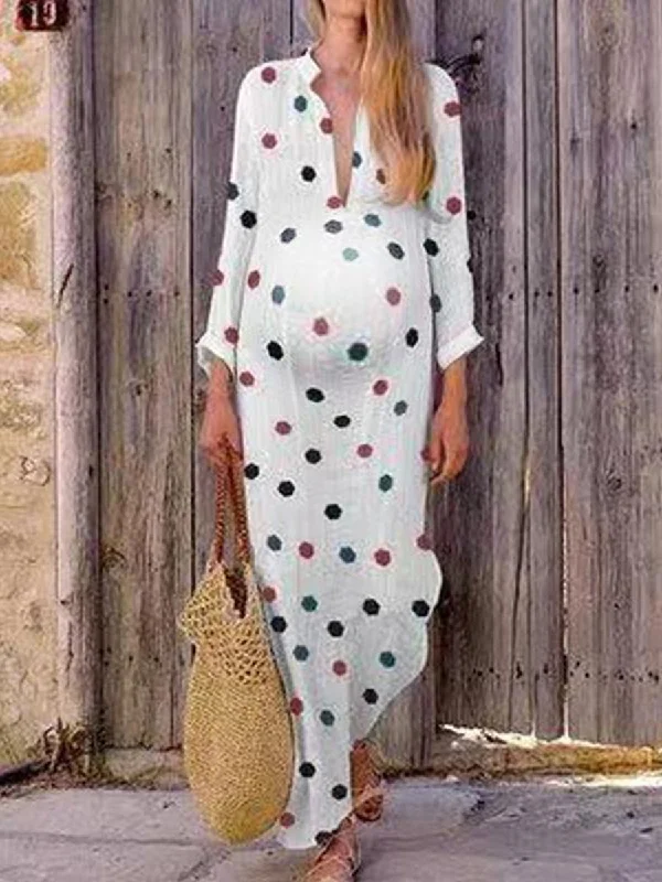 Maternity Sweet V Neck Long Sleeve Polka Dot Dress Off-the-shoulder Chic Trendy