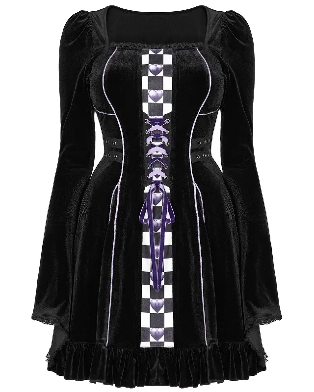 Pyon Pyon Womens Gothic Harlequin Velvet Dress - Black & Purple Tunics Exclusive limited