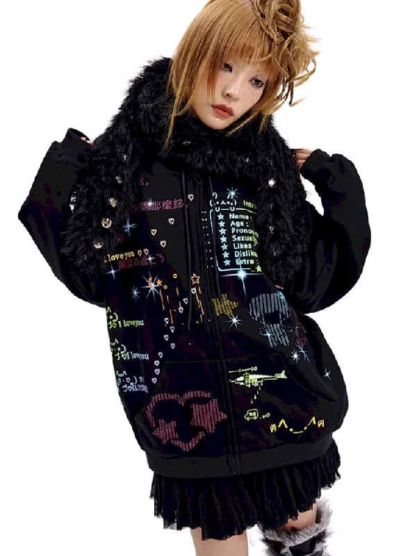 Sweatshirt with Martian rhinestones【s0000010502】 Hoodie with Hem Ribbing Snug Secure