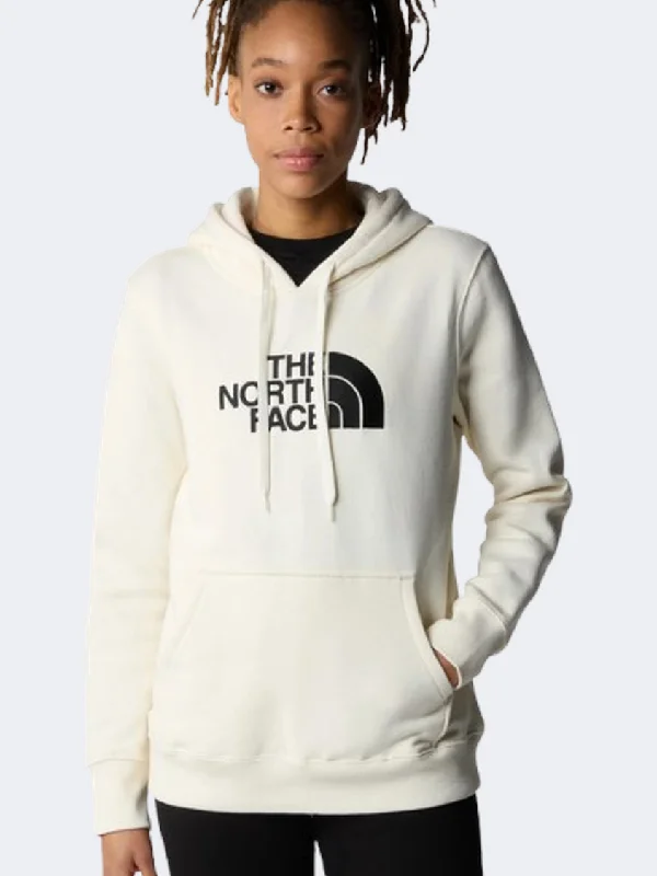 The North Face Drew Peak Women Lifestyle Sweatshirt White Dune Hoodie with Hem Raw Edge Edgy Unfinished