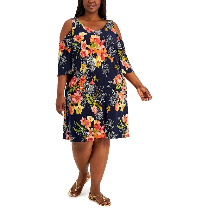 Plus Womens Printed Midi Fit & Flare Dress Tunics Satin smooth