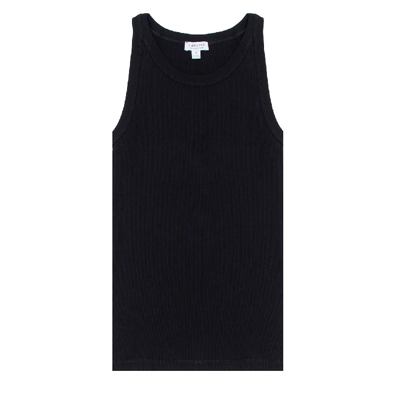 Sunspel Womens Ribbed Tank Top Black loose fit tank