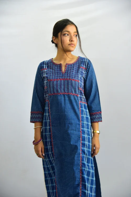 Sadhna ' Aabh' Blue - Tanka And Applique Work Long Cotton Kurta teal tank top