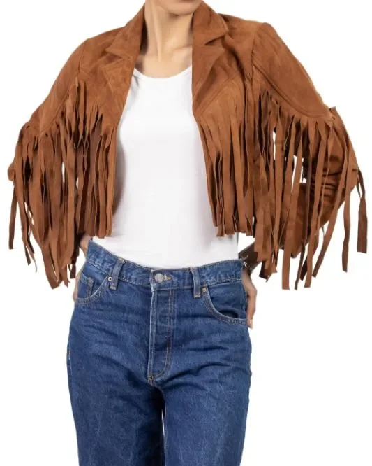 Women's Tan  Lambskin Suede Leather Jacket with Fringe Detailing Insulated Jacket Fitted Jacket Loose Jacket