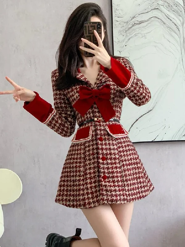 Women's Jackets High-Quality Red Houndstooth Bow Woolen Coat Dress S4787984 Herringbone Jacket Checkered Jacket Solid Jacket