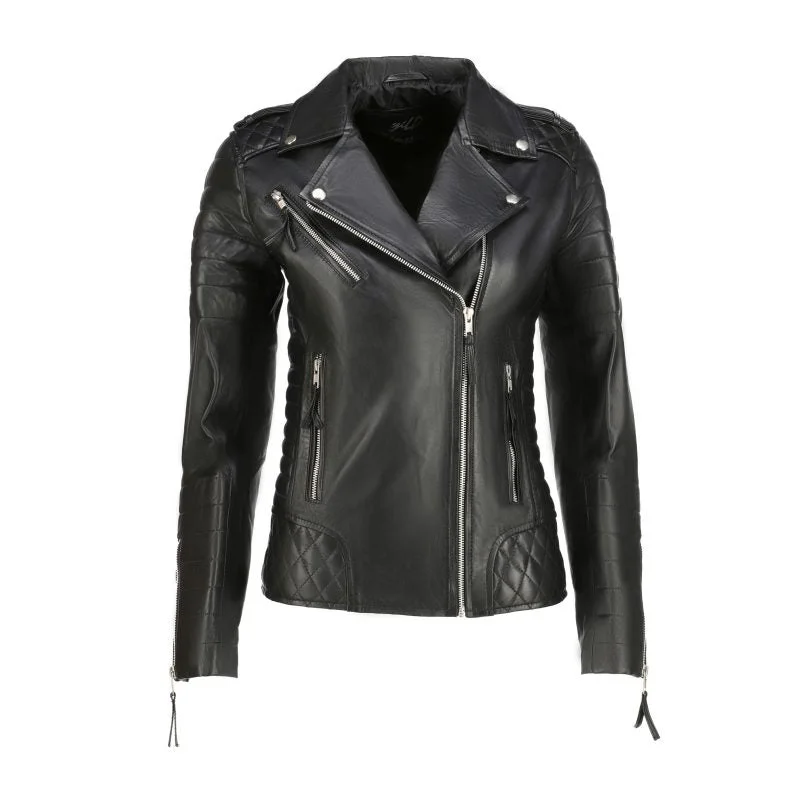 Women's Quilted Sleeves Black Leather Biker Jacket Nylon Jacket Polyester Jacket Spandex Jacket