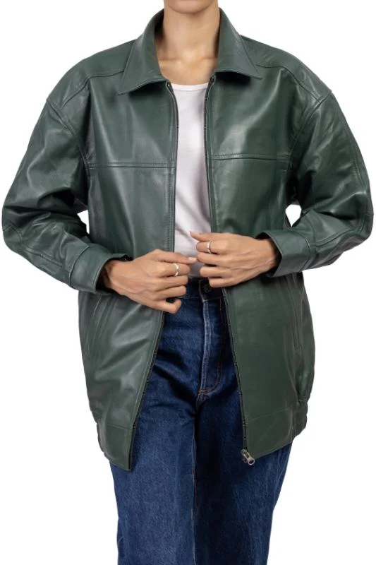 Womens Oversized Green Leather Jacket Fleece Fabric Down Fabric Feather Fabric