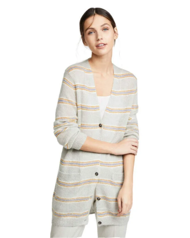 Striped Lightweight Cardigan Front Pockets Side Pockets Patch Pockets