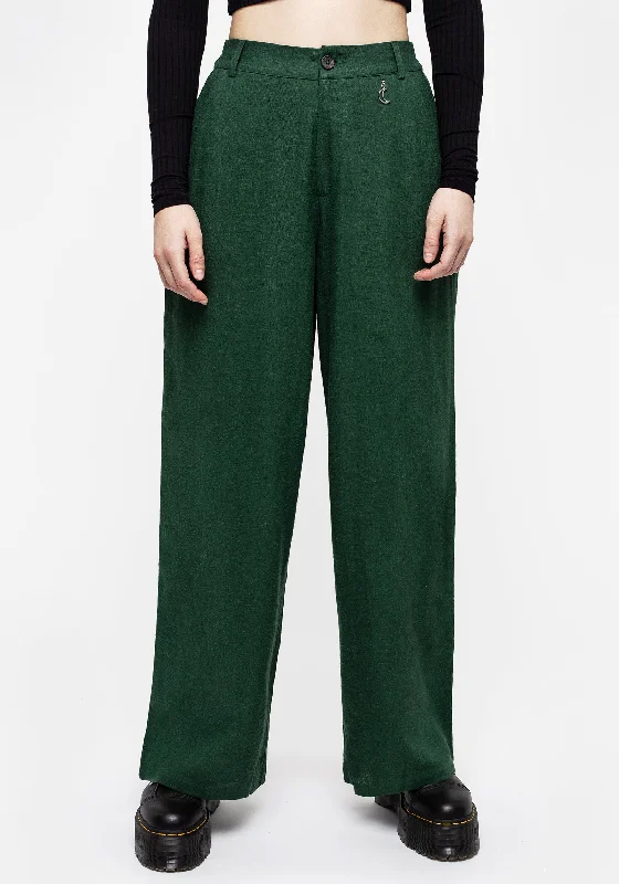 Oberon Green Wide Leg Linen Blend Trousers Trousers Flared Retro