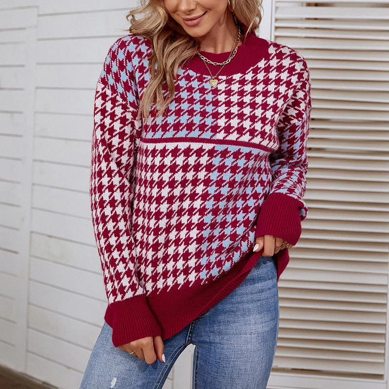 Ladies Sweaters Kniting Round Collar Pullover Bicolor Lattice Long Sleeve Elbow Length Sleeve