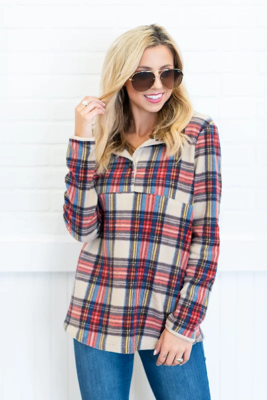 Starts With You Taupe Brown Plaid Pullover Plunging Neck Pullover