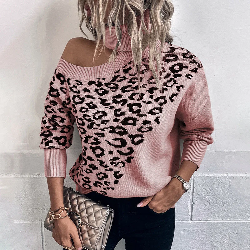 Ladies Sweaters Kniting Round Collar Pullover Leopard Off Shoulder Bateau Neck Pullover