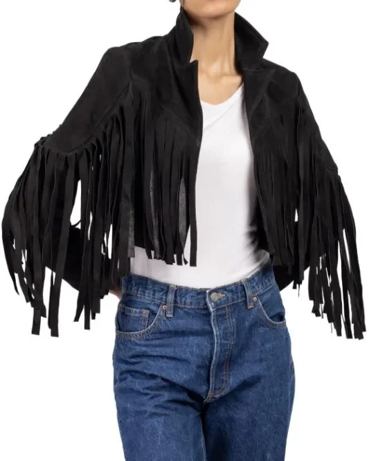 Women's Black  Lambskin Suede Leather Jacket with Fringe Detailing Snapped Jacket Toggled Jacket Drawstring Jacket