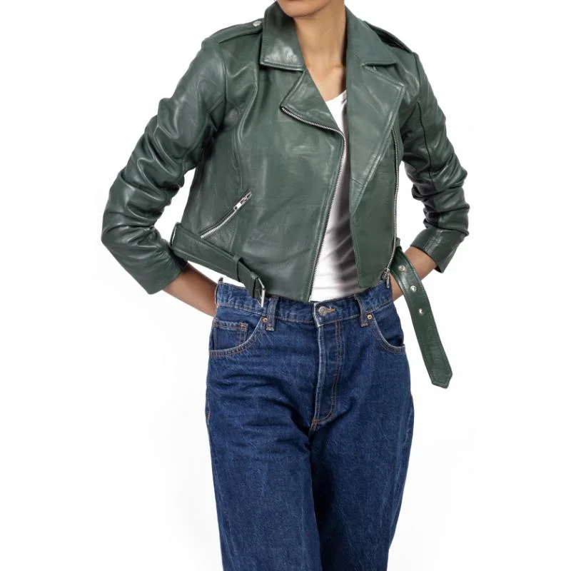 Womens Green Cropped Leather Jacket Trench Coat Raincoat Waterproof Jacket