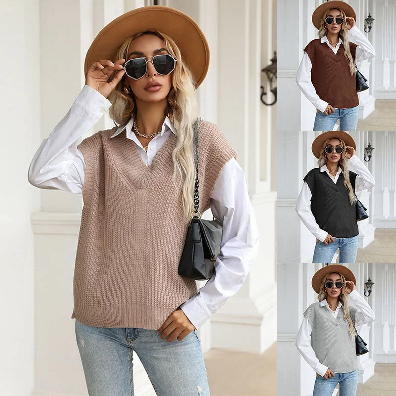 Wholesale Fall Knitted Sweaters Solid Sleeveless Women Sweater Vest Pullover Tops Wrist Length Sleeve