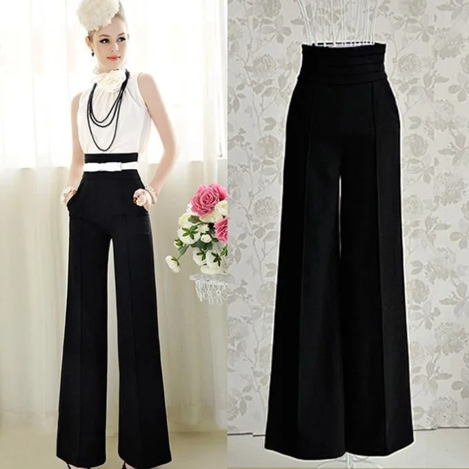 Loose Zipper Fly Solid Pantalones Women Casual High Waist Flare Wide Leg Long Pants Palazzo Trousers Trousers fashionable trendy