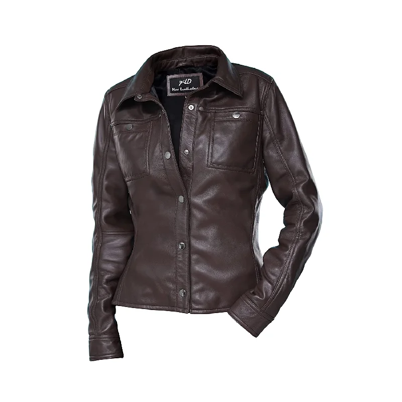 Women's Brown Shirt Style Leather Jacket Faux Fur Jacket Real Fur Jacket Shearling Jacket