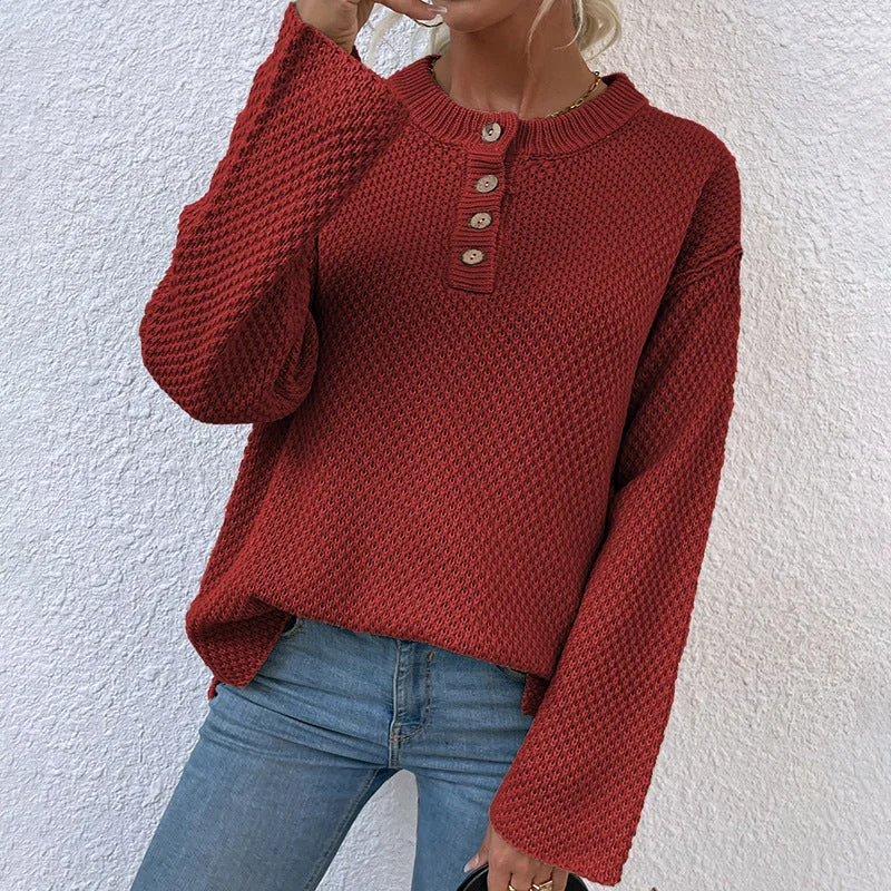 Ladies Sweaters Kniting Round Collar Pullover Plain Buttons Wide Sleeve Pullover