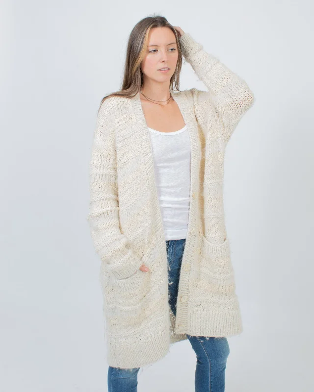 Striped Cream Cardigan Chenille Blend Fleece Blend Nylon Blend