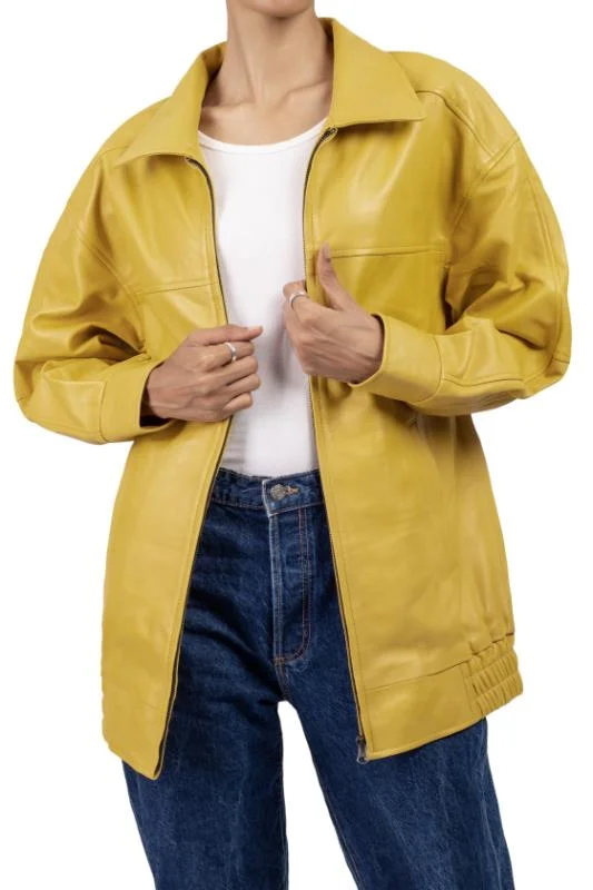 Womens Oversized Yellow Leather Jacket Faux Fur Fabric Real Fur Fabric Shearling Fabric