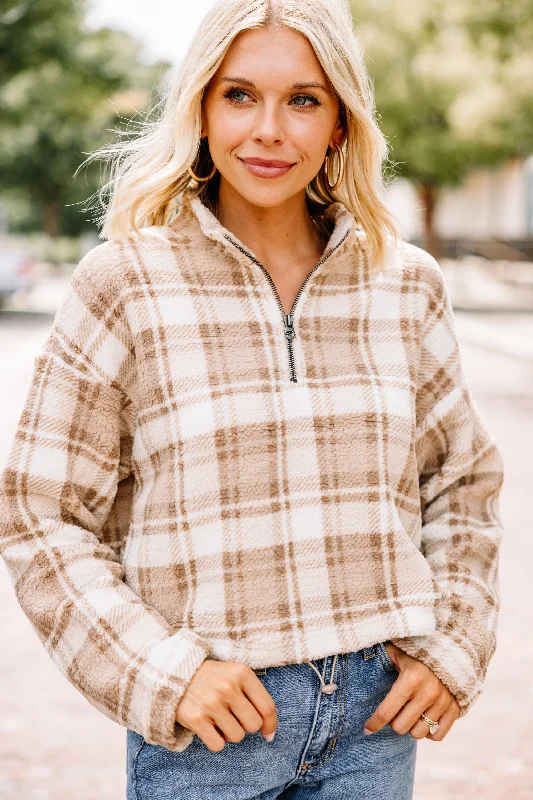 Can't Forget You Khaki Brown Plaid Pullover Asymmetrical Neck Pullover