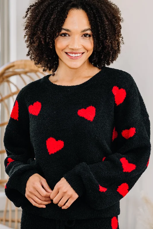 Cozy Love Black Heart Pullover Bardot Neck Top