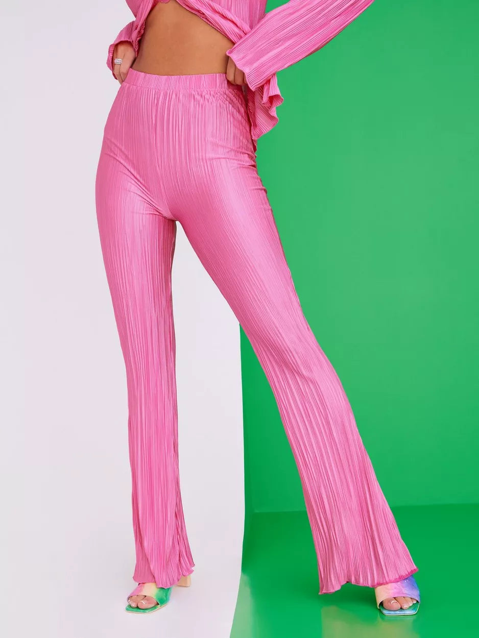 Pink Plisse Flare Trousers Trousers Handmade Artisanal