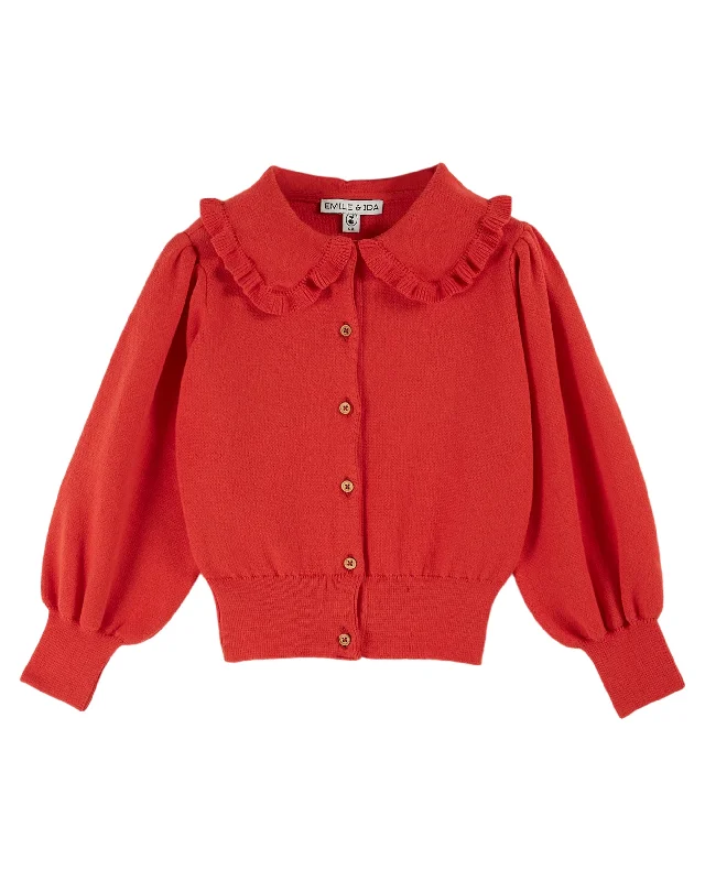 Ruffled Collar Cardigan | Red Thin Thick Dense